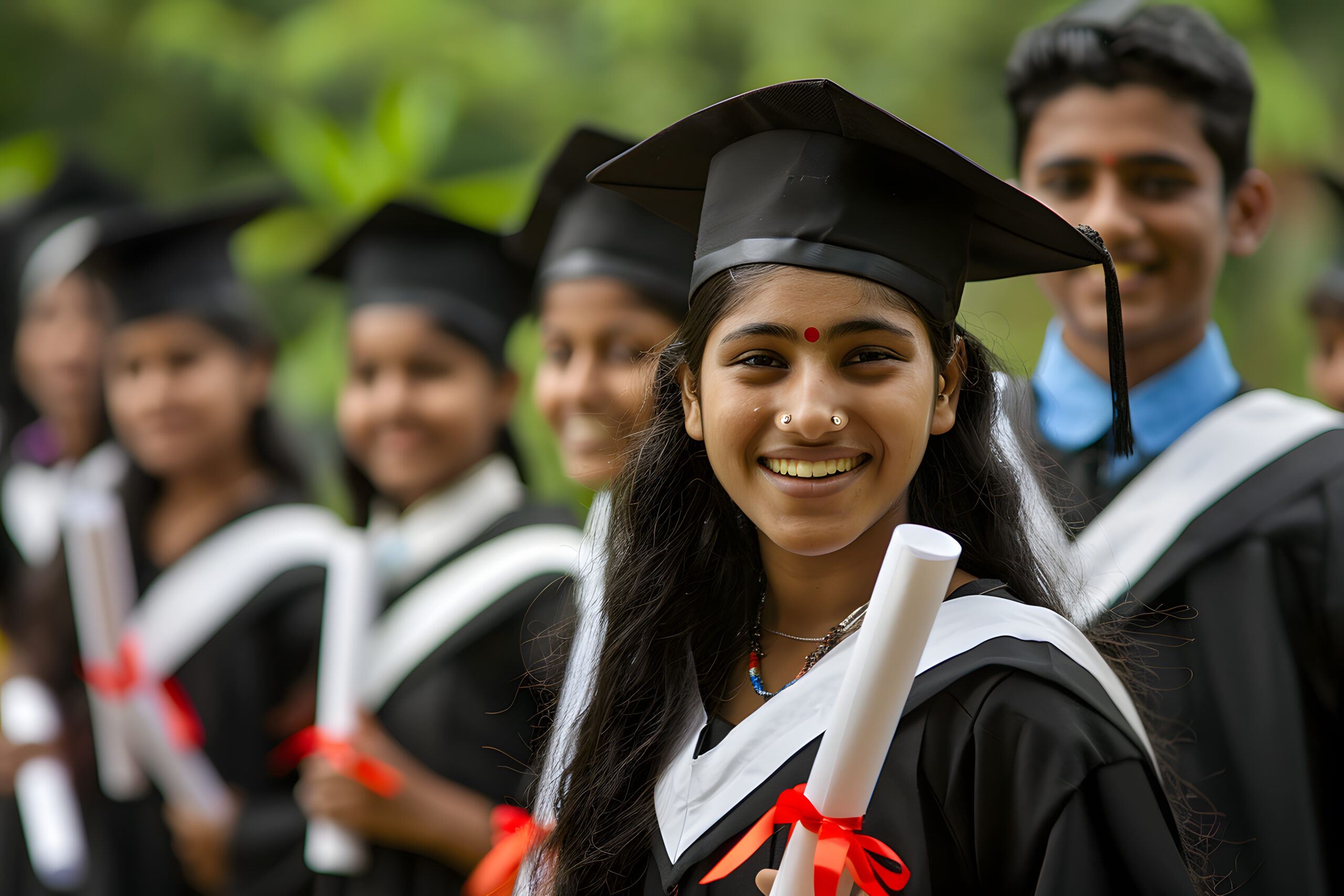 Portrait of happy indian university students wearing graduation gown and mortarboard